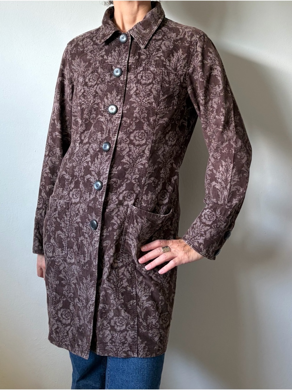 J. Jill Brown Floral Jacquard Corduroy Trench Coat